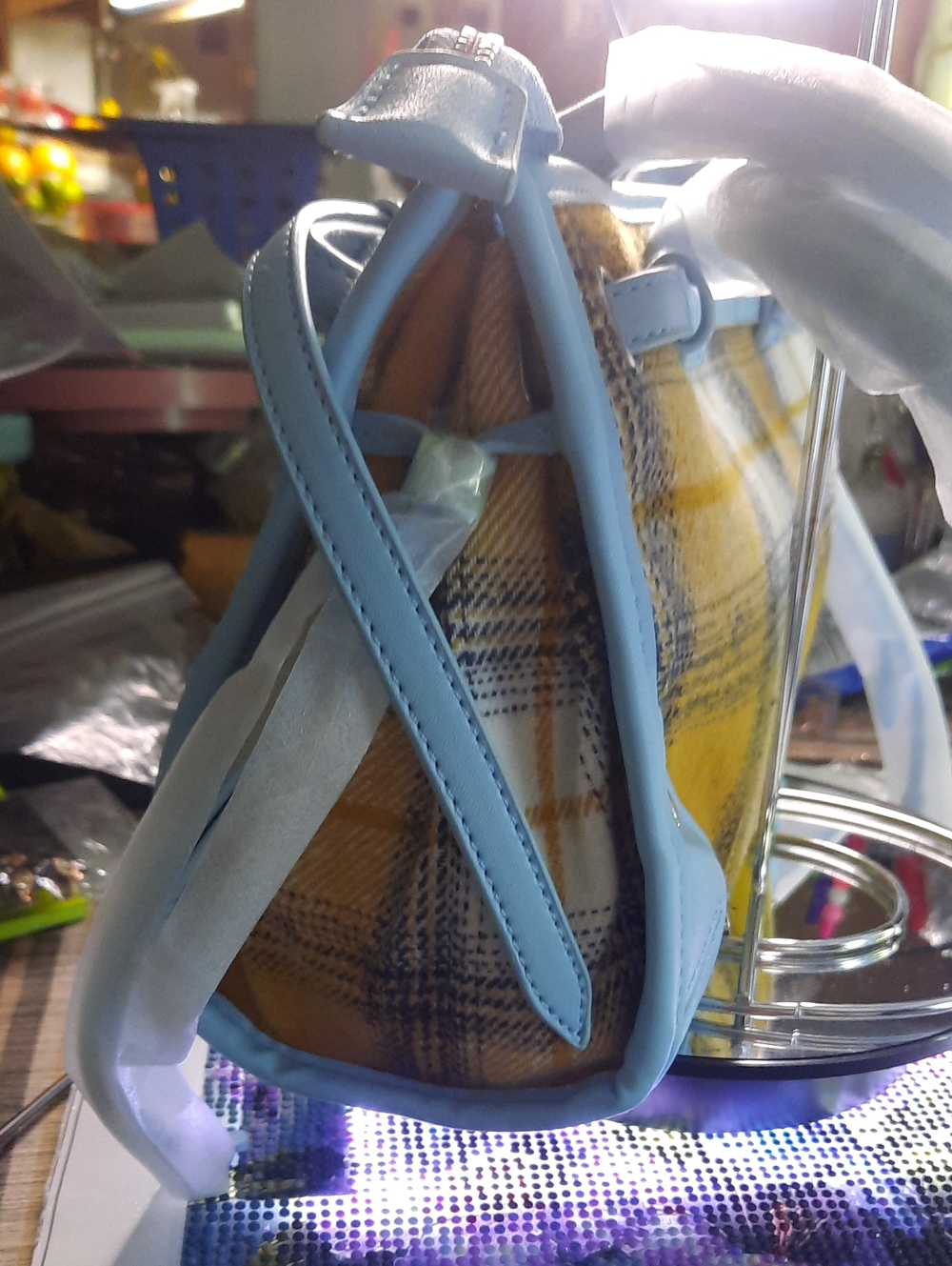 Von Dutch Yellow Plaid Satchel with Light Blue Trim - Picture 5 of 7